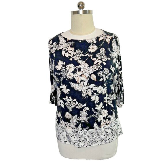 J. Jill - Women's M Tunic Top Stretch Black White Brown Floral Crewneck Petite - Picture 1 of 13